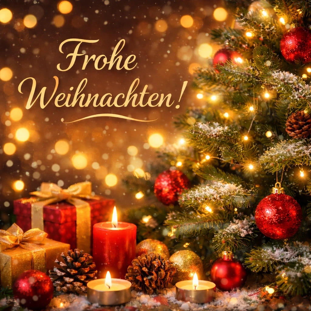 Schriftzug 'Frohe Weihnachten', im Hintergrund ein Weihnachtsbaum und Geschenke.